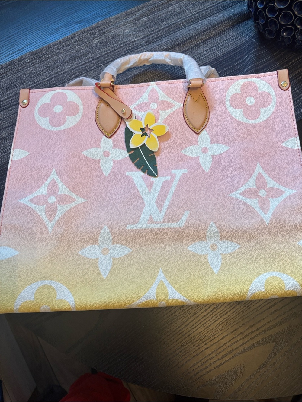 Pink-to-Yellow Gradient Monogram Tote with Floral Charm